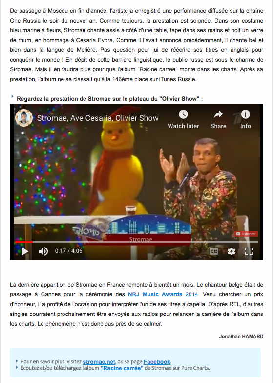 Page Internet. Stromae à la conquête du marché russe avec « Ave Cesaria ». Regardez sa prestation. 2015-01-10